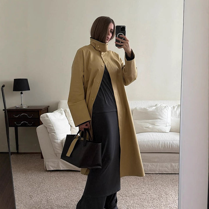 Damen Maxilanger Oversize-Trenchcoat mit Stehkragen und verdeckter Druckknopfleiste Echoarchiv