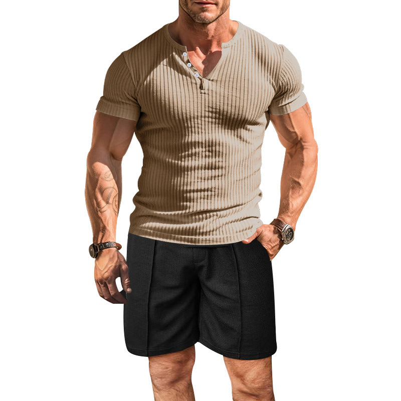Herren strukturiertes Kurzarm-Henley-Shirt mit atmungsaktivem Design und bequemen Shorts Echoarchiv