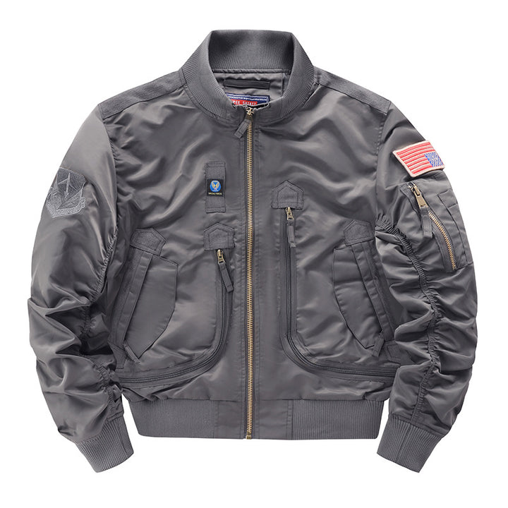 Men's pilot-style cropped utility flight bomber with multi-zip pockets and ribbed collar – Brevano