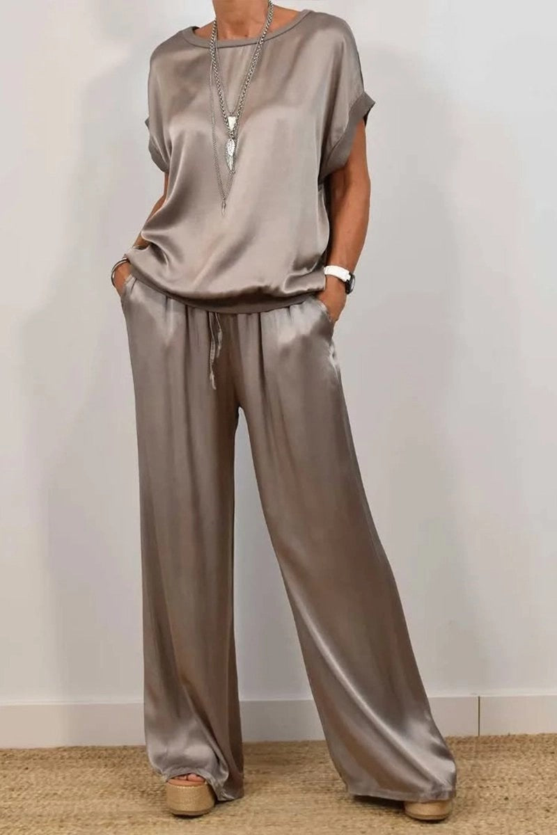 Damen Elegantes Satin Lounge-Set mit weitem Schnitt und lässigem Oberteil Echoarchiv
