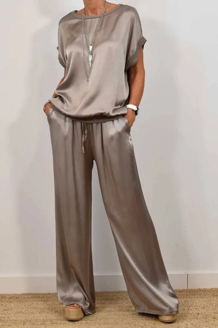 Damen Elegantes Satin Lounge-Set mit weitem Schnitt und lässigem Oberteil Echoarchiv