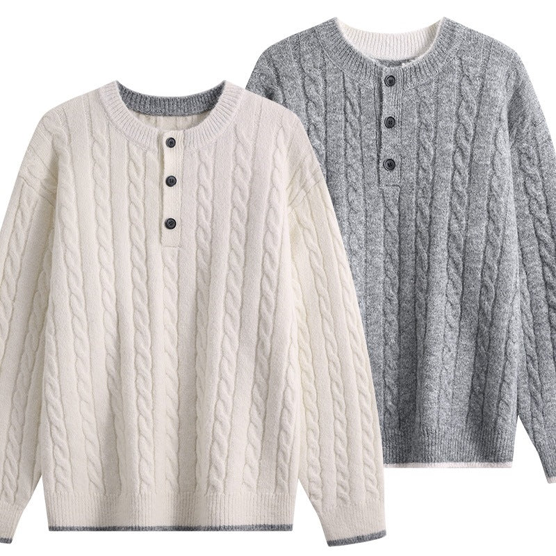 Damen Zopfmuster-Henley-Pullover mit Rundhalsausschnitt & Knopfleiste Echoarchiv