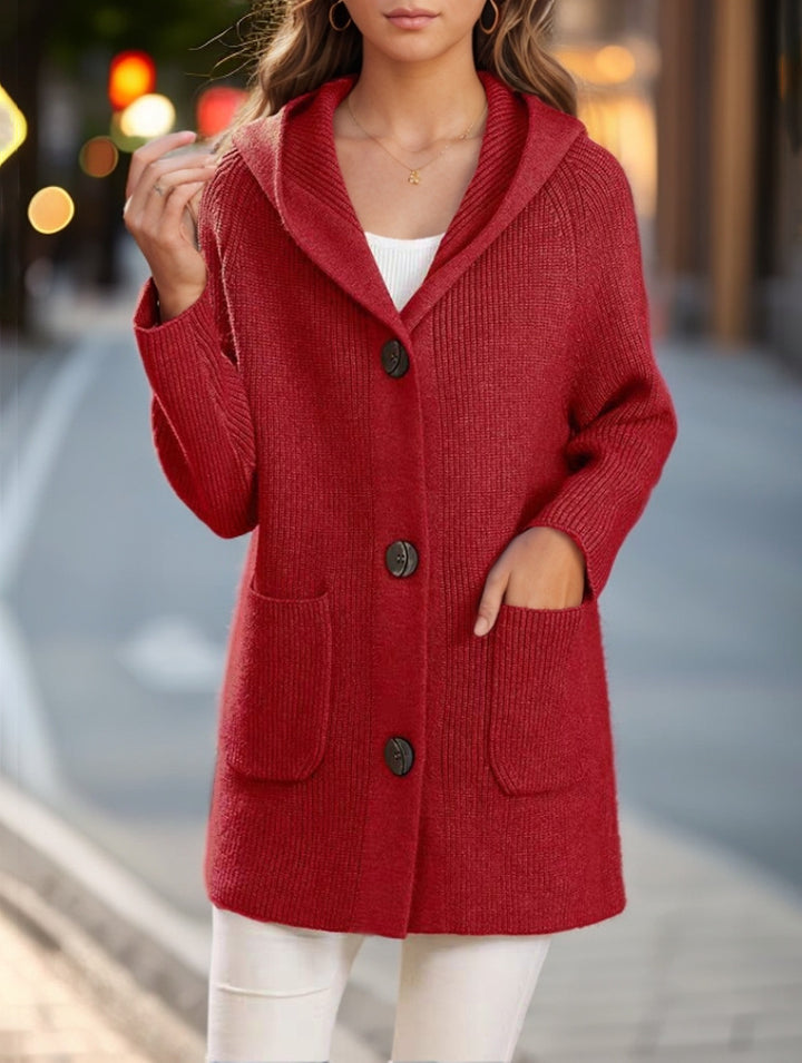 Damen nan lange gerippte Kapuzen-Strickjacke mit aufgesetzten Taschen und markanten Knöpfen Echo Archiv