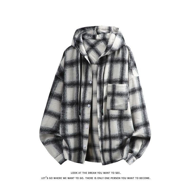 Unisex nan oversized Kapuzen-Hemdjacke aus Flanell mit Karomuster und Brusttasche Echo Archiv