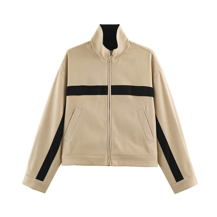 Unisex Kurz geschnittene Trackjacke mit Stehkragen, Kontraststreifen und Reißverschluss Echo Archiv