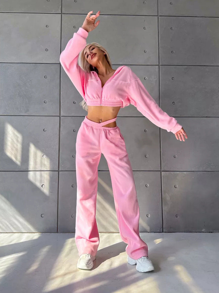 Damen Cropped Fleece-Set mit kurzem Zip-Hoodie und hoher Taillen-Jogginghose – Auréline