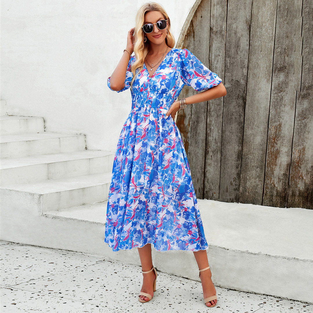 Damen Midikleid mit eleganten Puffärmeln und romantischem Blumenmuster Echo Archiv