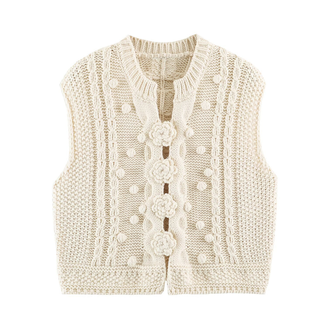 Damen Strickweste mit Zopfmuster, Blumenapplikationen und Noppenstruktur Echoarchiv