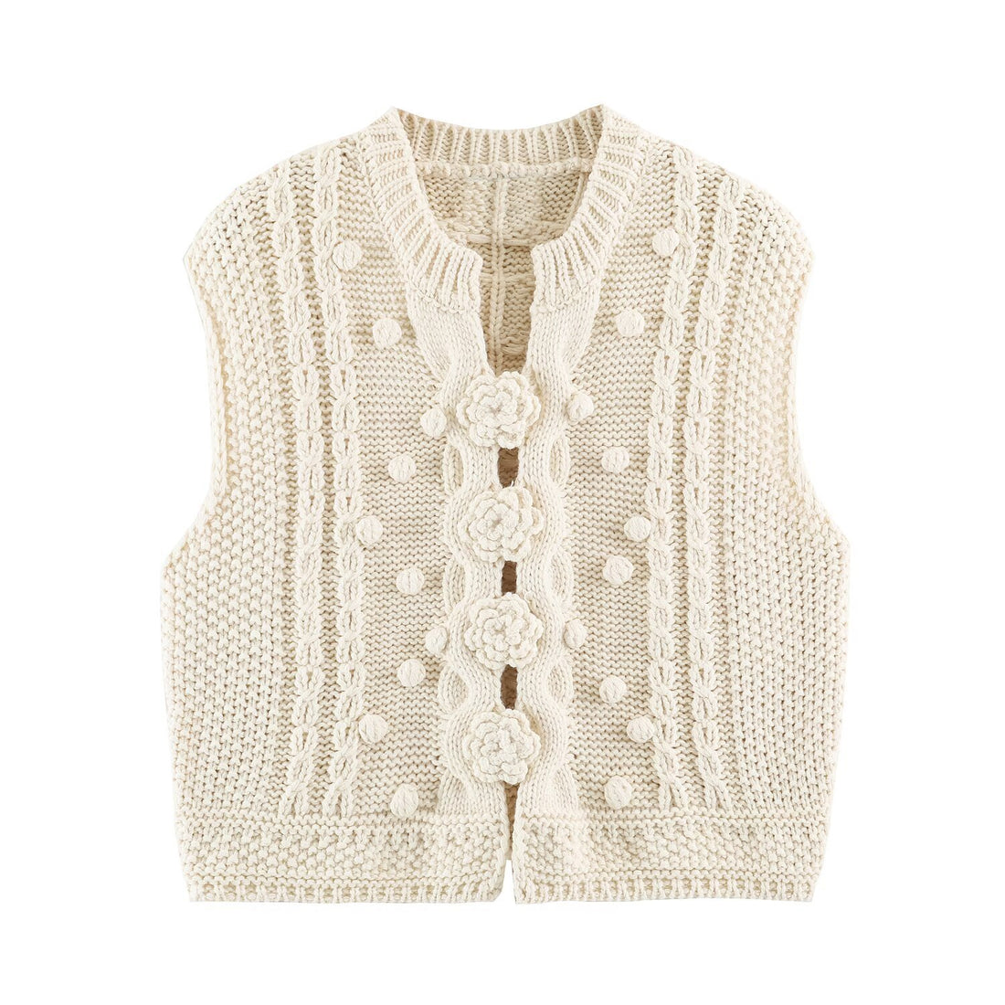Damen Strickweste mit Zopfmuster, Blumenapplikationen und Noppenstruktur Echoarchiv