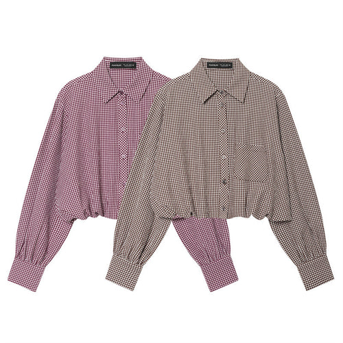 Damen Karierte Cropped Bluse mit Gummizugsaum Echo Archiv