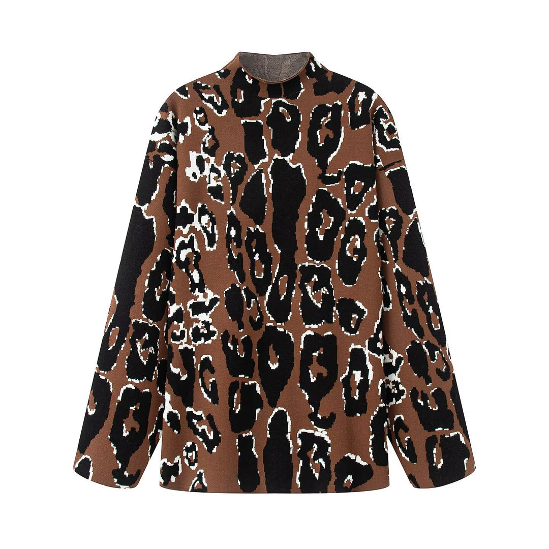 Damen Oversize Strickpullover mit Stehkragen und Jacquard-Leopardenmuster Echo Archiv