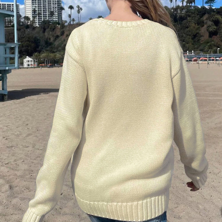 Damen Kuscheliger Baumwollmix-Strickpullover mit Rundhals und eingestrickter Flaggenapplikation Echo Archiv
