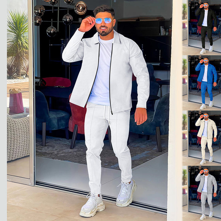 Herren Strukturiertes Waffel-Loungewear-Set mit Kragen-Halbzip & Kordelzughose – Cavarno