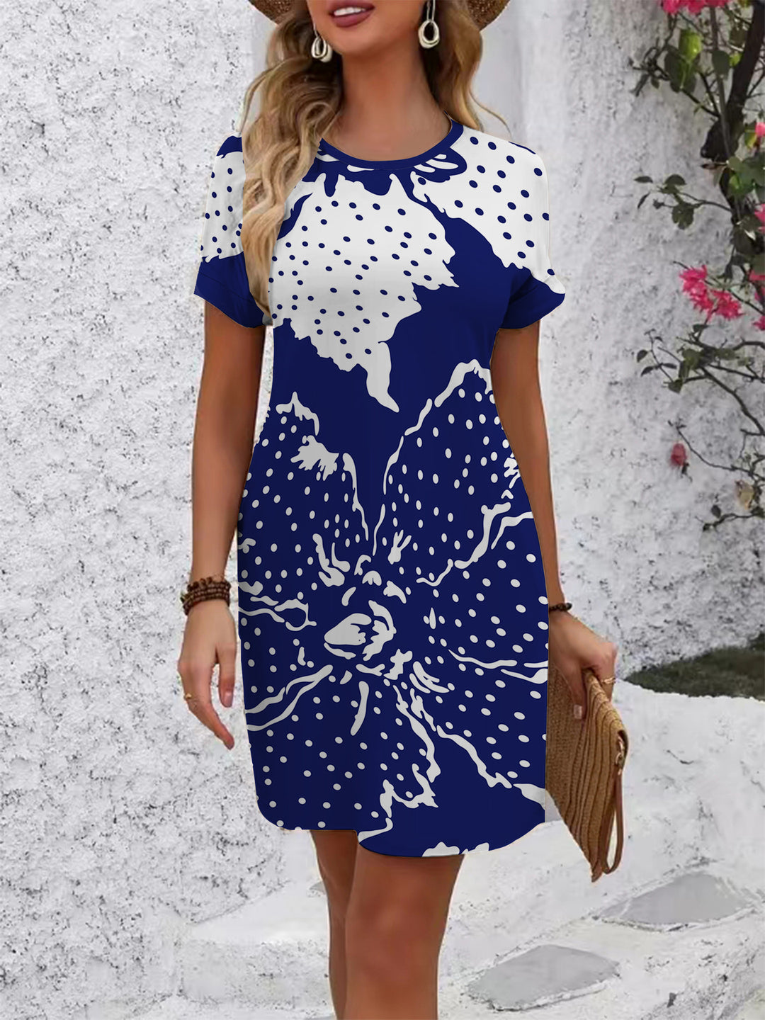 Damen lässiges Blümchenkleid mit Rundhalsausschnitt und lockerer Passform Echo Archiv