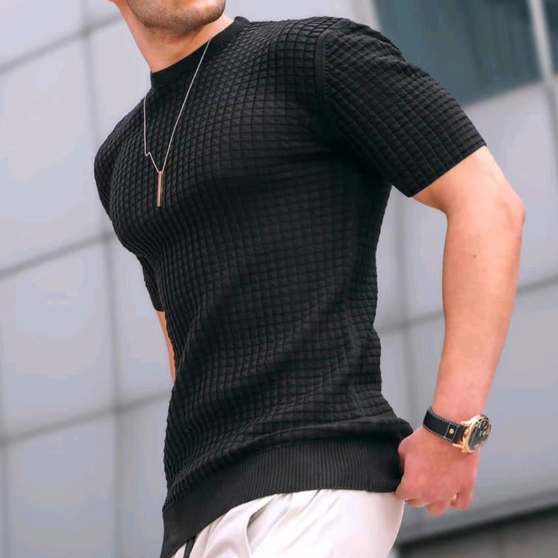Herren nan Waffelstruktur-Kurzarm-Strickshirt mit schmaler Passform und elastischem Rippsaum Echo Archiv