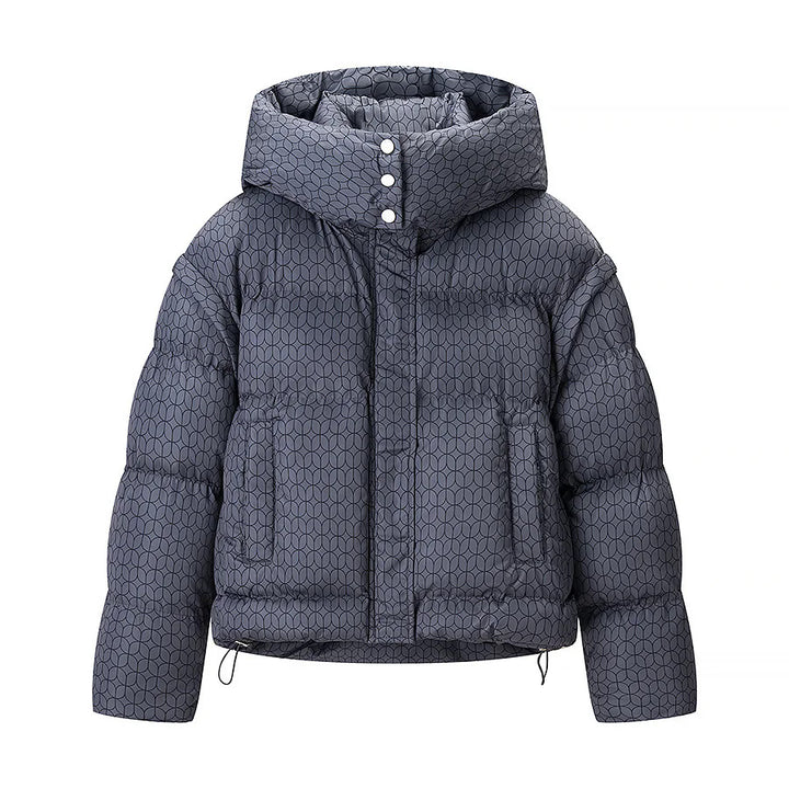 Damen kurze Boxy-Steppjacke mit grafischem Quiltmuster, großer Kapuze, verdeckter Druckknopfleiste und Tunnelzugsaum – Célinea