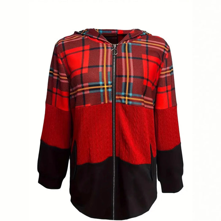 Damen nan lange Kapuzenjacke im Patchwork-Stil mit Karo‑ und Strickeinsätzen, Frontreißverschluss und Eingrifftaschen Echo Archiv