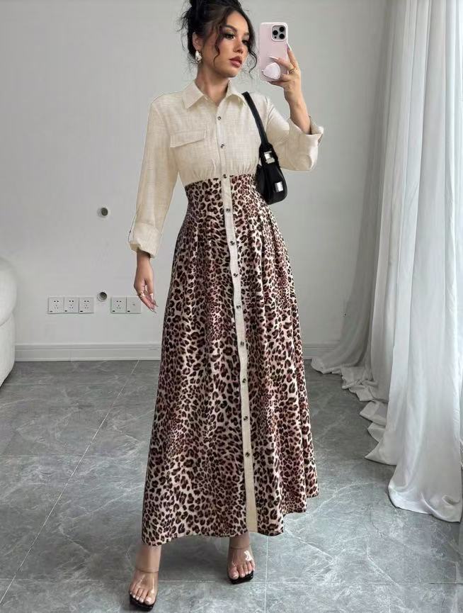 Damen Hemdblusenkleid mit Jeansoberteil und Leoparden-Maxirock – Élovi