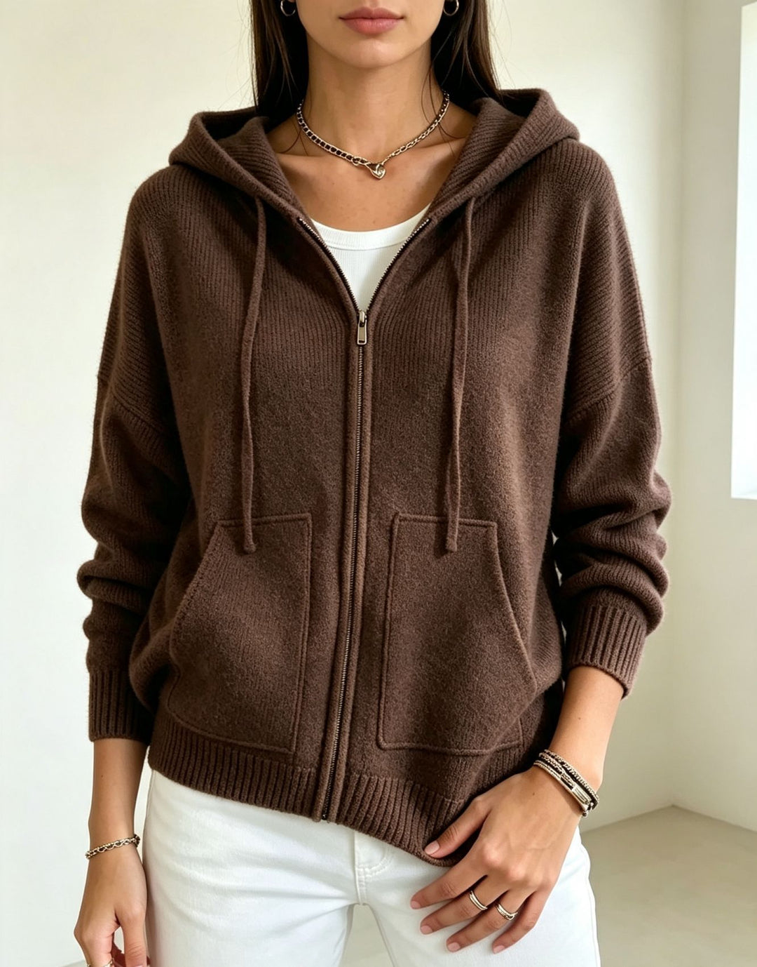 Damen Kapuzen-Wollmix Zip-Cardigan mit kastiger Passform und Kängurutaschen – Auréline