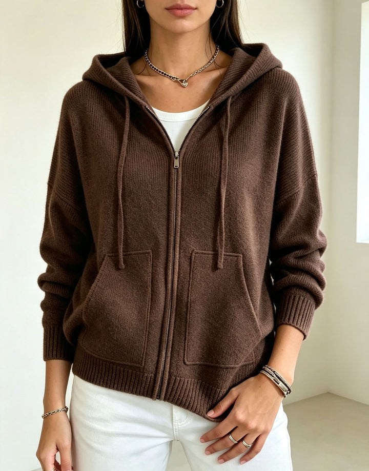 Damen Kapuzen-Wollmix Zip-Cardigan mit kastiger Passform und Kängurutaschen – Auréline