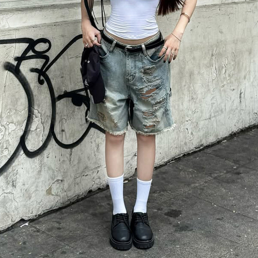 Damen Destroyed Denim-Shorts mit hohem Bund und ausgefransten Säumen Echo Archiv