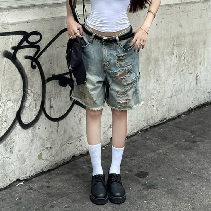 Damen Destroyed Denim-Shorts mit hohem Bund und ausgefransten Säumen Echo Archiv