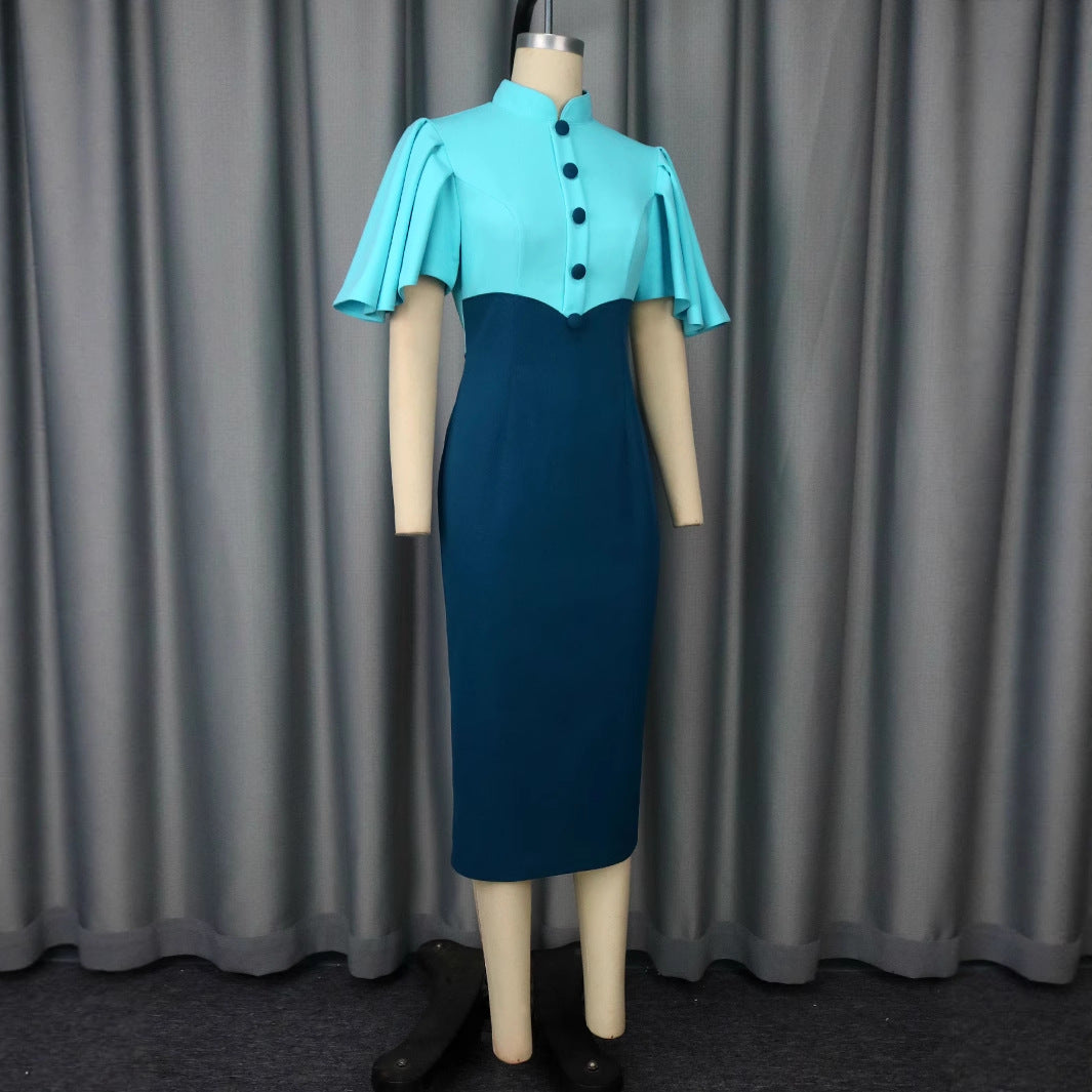 Damen figurbetontes Kleid mit eleganter Stehkragen und kunstvollen Puffärmeln Echo Archiv