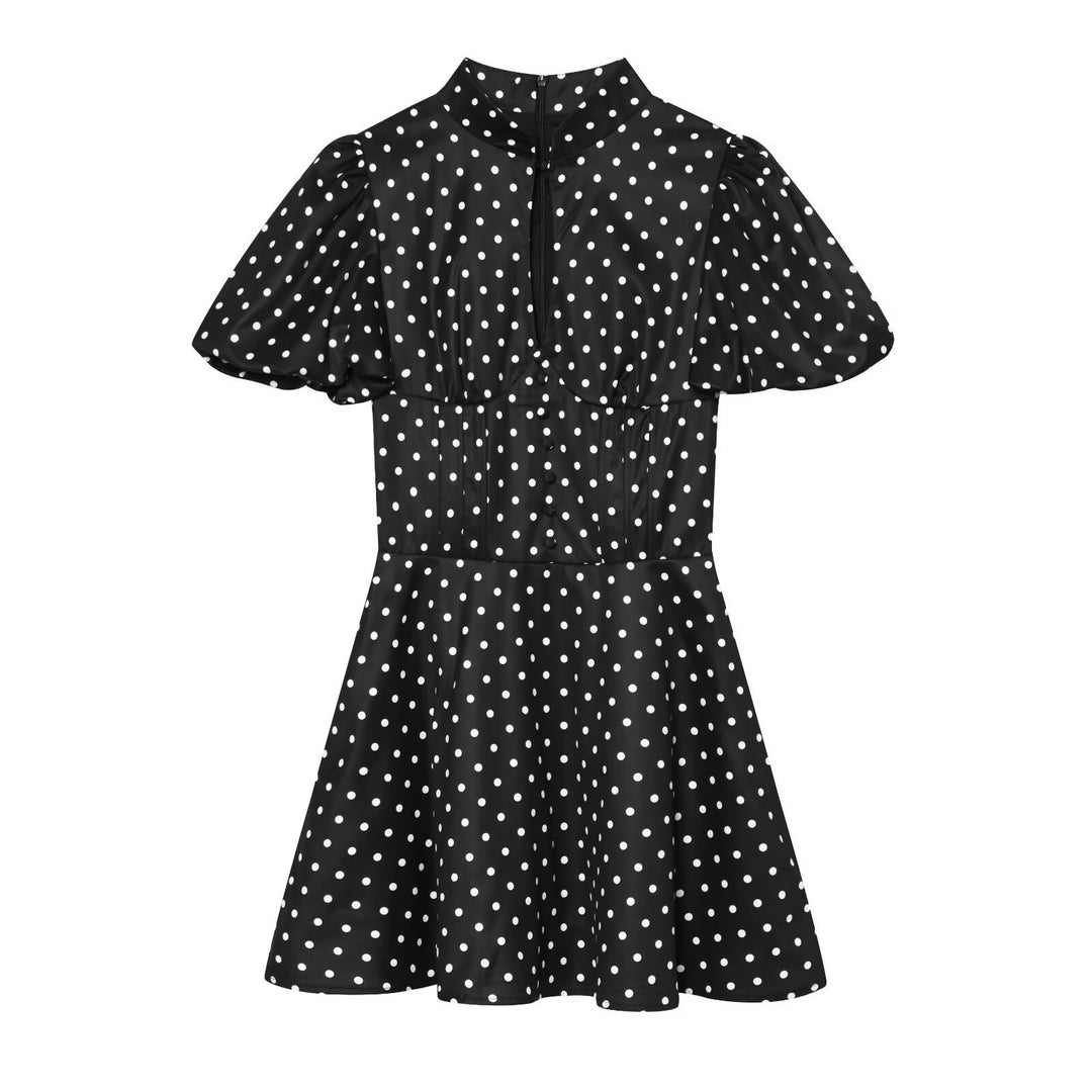 Damen Gepunktetes A‑Linien‑Kleid mit Stehkragen, Taillierung und Ballonärmeln Echo Archiv