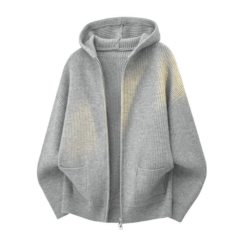 Damen Kuschelige Oversize-Rippstrick-Kapuzenjacke mit Zwei-Wege-Reißverschluss & aufgesetzten Taschen Echoarchiv