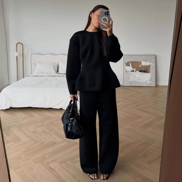Damen Tailliertes Peplum-Oberteil mit Wiener Nähten und weitem Lounge-Hosen-Set Echo Archiv