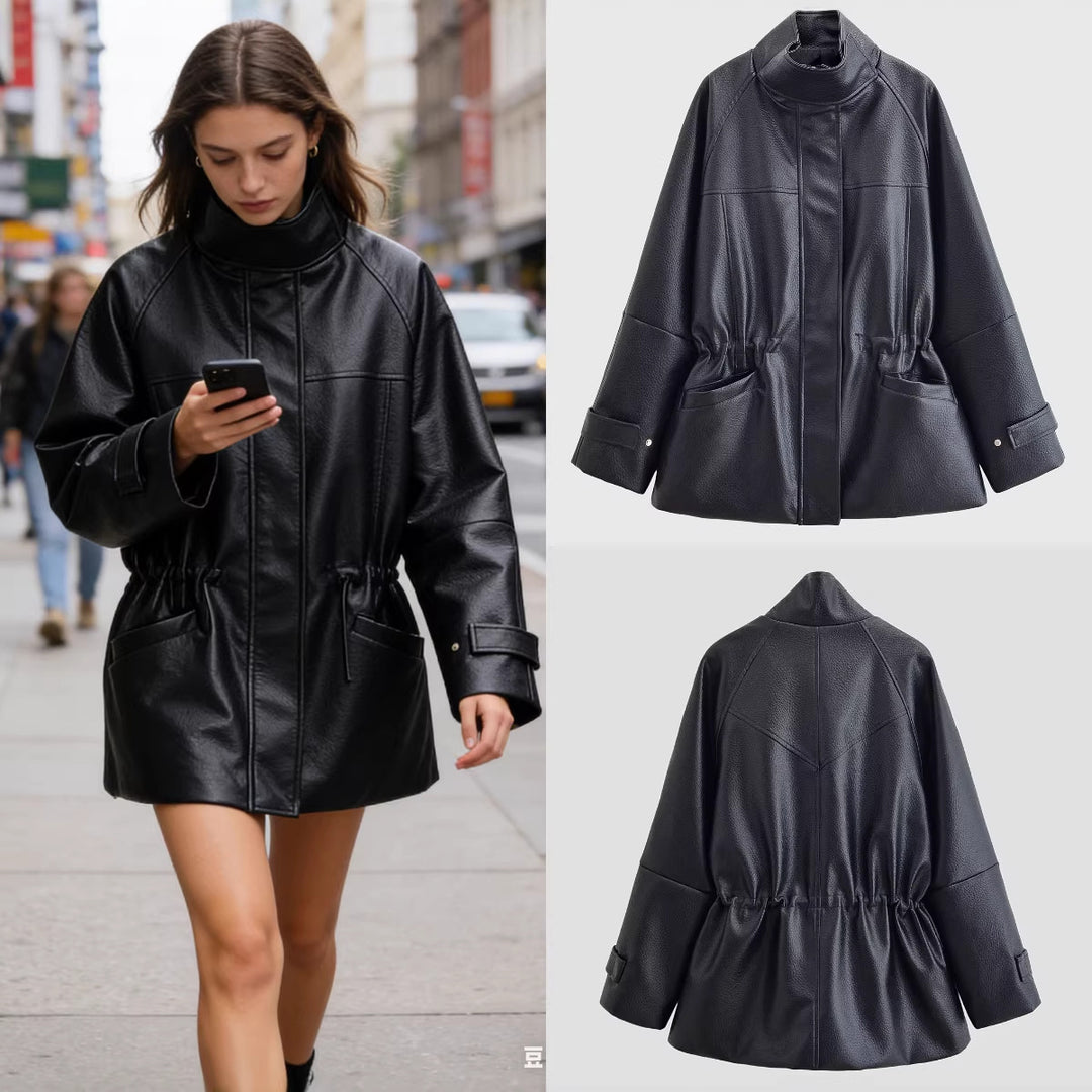 Damen Oversized Jacke in Lederoptik mit Stehkragen und Taillenkordel Echo Archiv