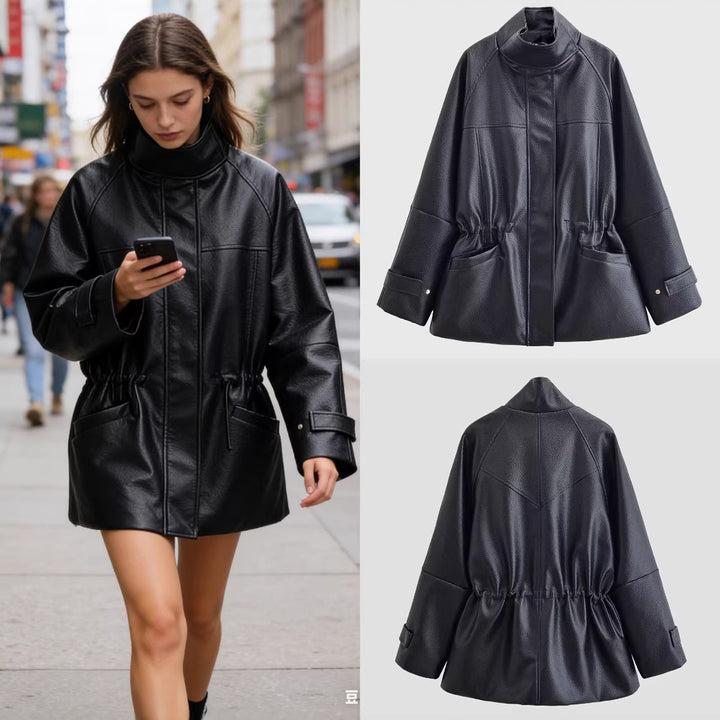 Damen Oversized Jacke in Lederoptik mit Stehkragen und Taillenkordel Echo Archiv