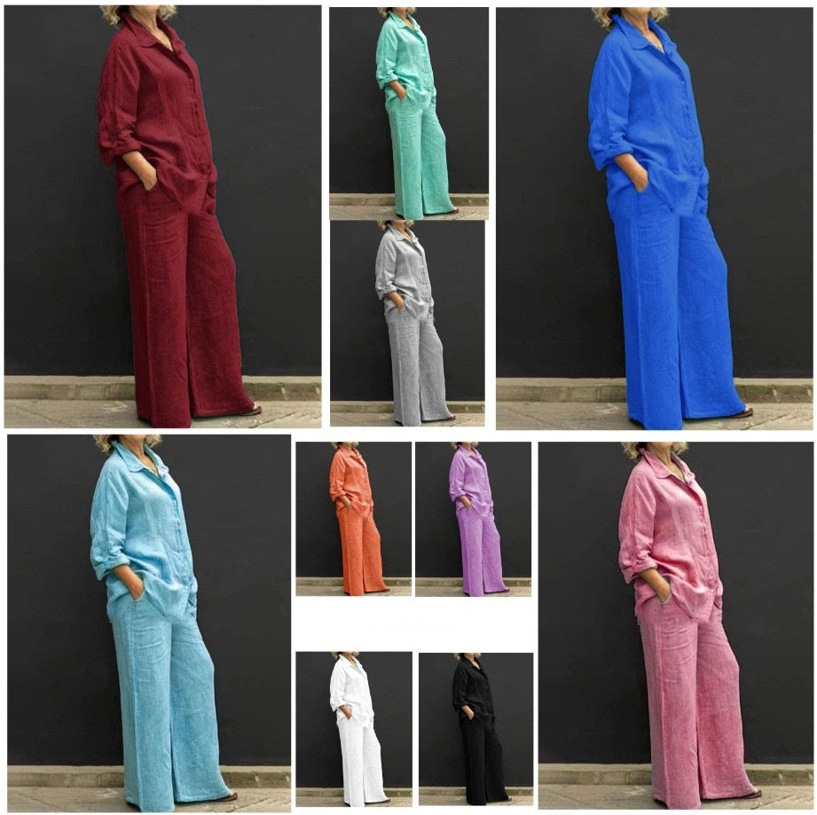 Damen Entspanntes Leinen-Set mit Oversize-Hemd und weiter Palazzo-Hose Echo Archiv