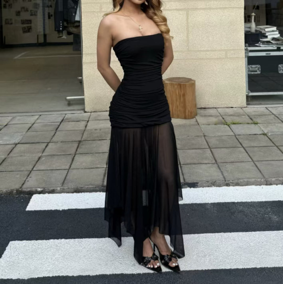 Damen Strapless Maxikleid mit eleganter Raffung und transparentem Rock Echo Archiv