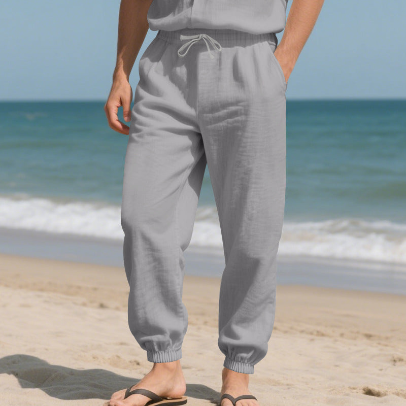 Herren Leichte Leinenoptik-Loungehose mit Tunnelzug, elastischem Knöchelabschluss & Seitentaschen – Sorevano