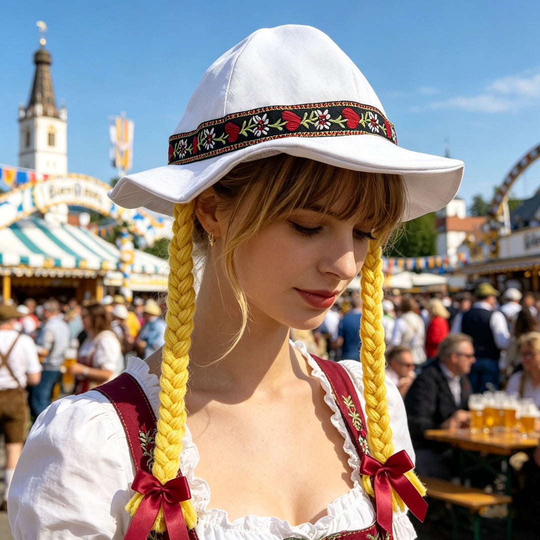 Damen nan folklorischer Sonnenhut mit dekorativem besticktem Band und langen geflochtenen Zöpfen Echo Archiv