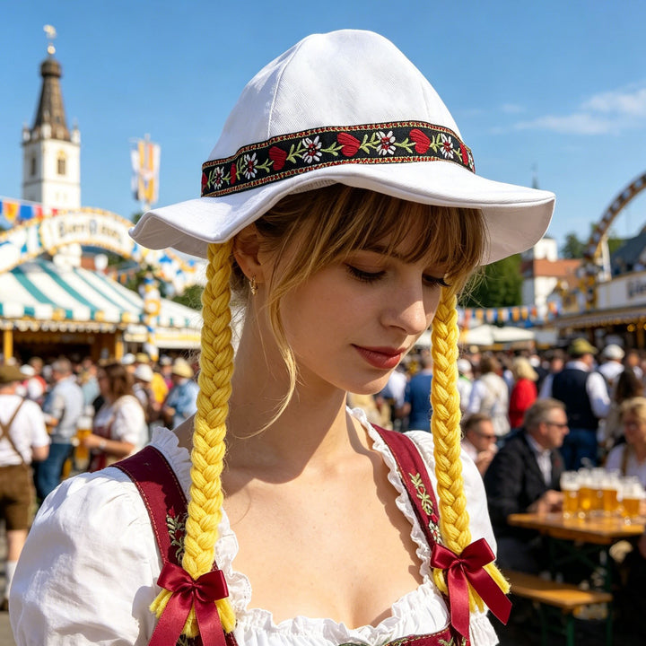 Damen nan folklorischer Sonnenhut mit dekorativem besticktem Band und langen geflochtenen Zöpfen Echo Archiv