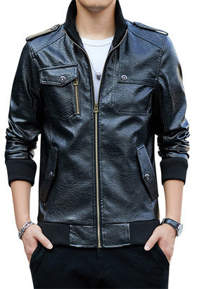 Herren Kunstleder-Flightjacke mit Brust- und Reißverschlusstaschen, Stehkragen und Rippbündchen – Taviero