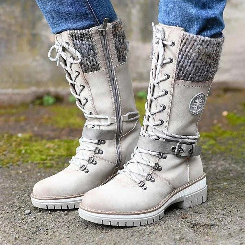 Damen nan gefütterte Schnürstiefel mit gestricktem Schaftbund, dekorativem Schnallenriemen und profilierter Gummisohle Echo Archiv