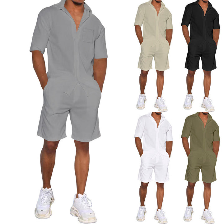 Herren nan legeres Resort-Zweiteiler mit offenem Kurzarm-Hemd, Brusttasche und elastischer Bermuda Echo Archiv