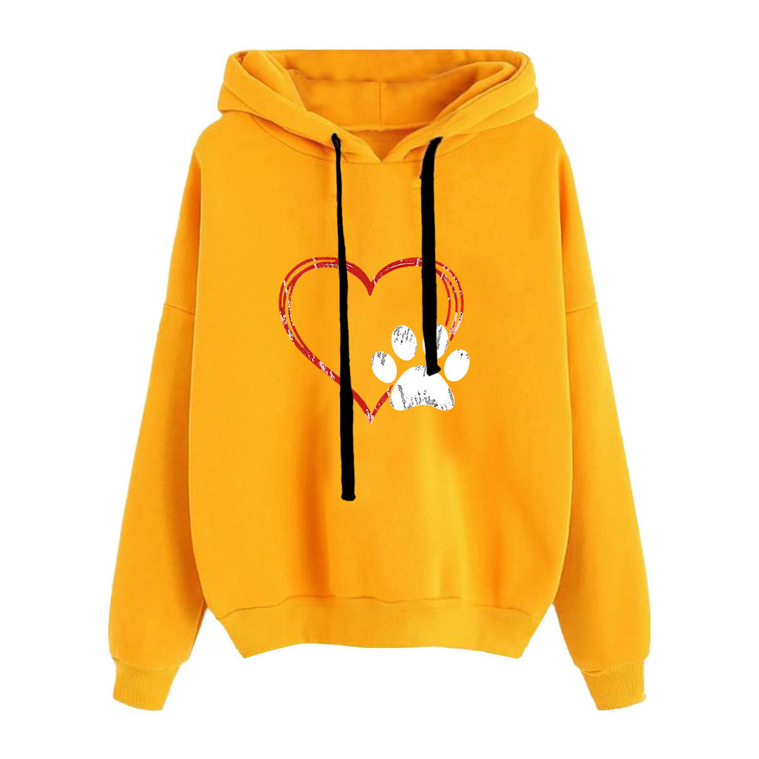 Damen lässiger Oversize Kapuzenpullover mit Herz‑und‑Pfotenprint, Kordelzug und gerippten Bündchen – Auréline
