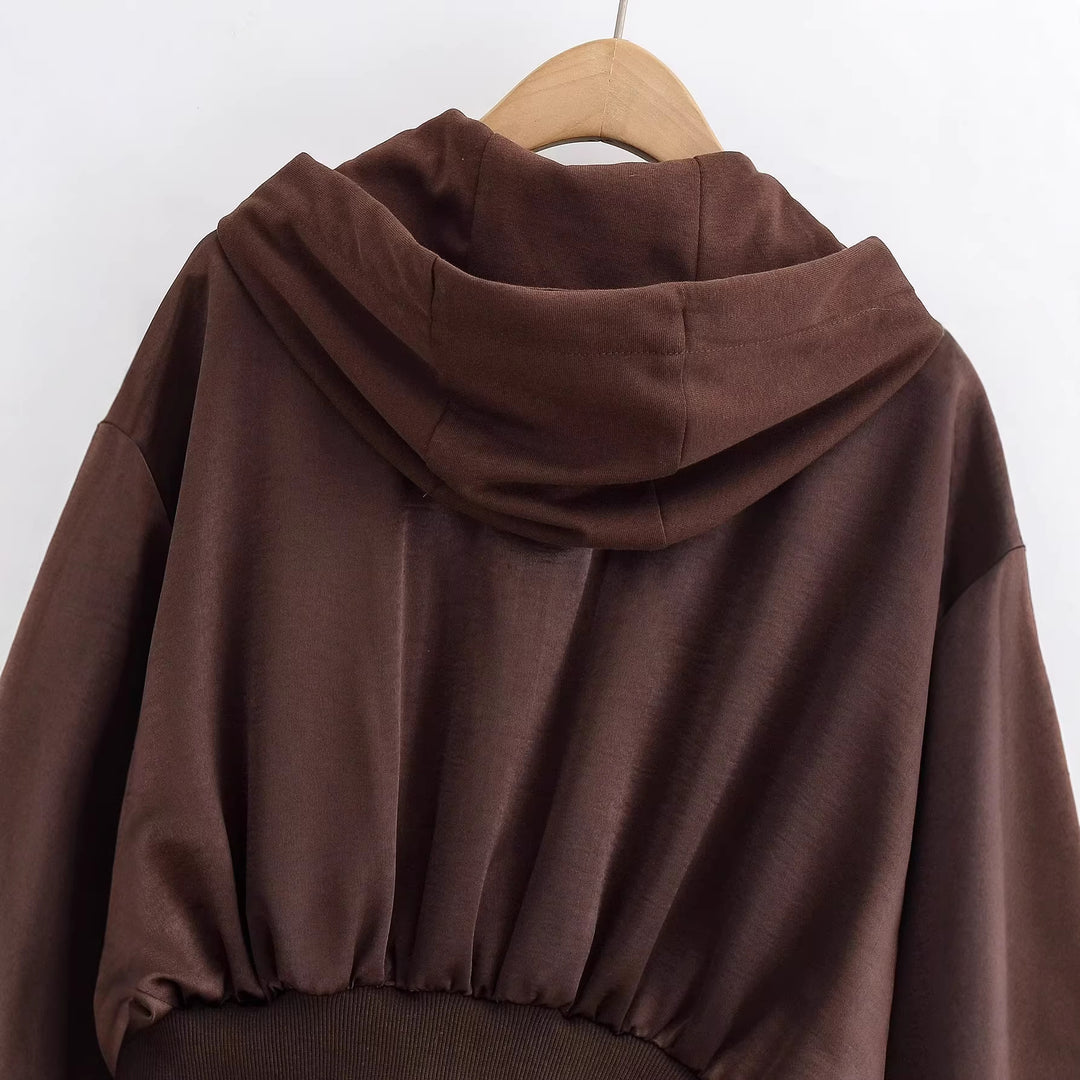 Damen Cropped Hoodie-Jacke mit durchgehendem Reißverschluss, breite Kapuze und taillierendem Rippbund Echoarchiv