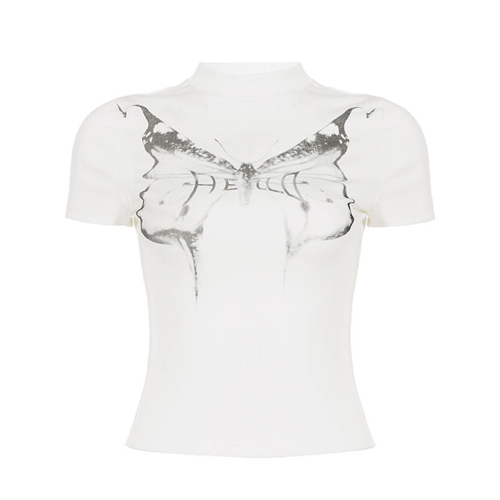 Damen Kurzarm-T-Shirt mit elegantem Schmetterlingsdesign und Stehkragen Echo Archiv