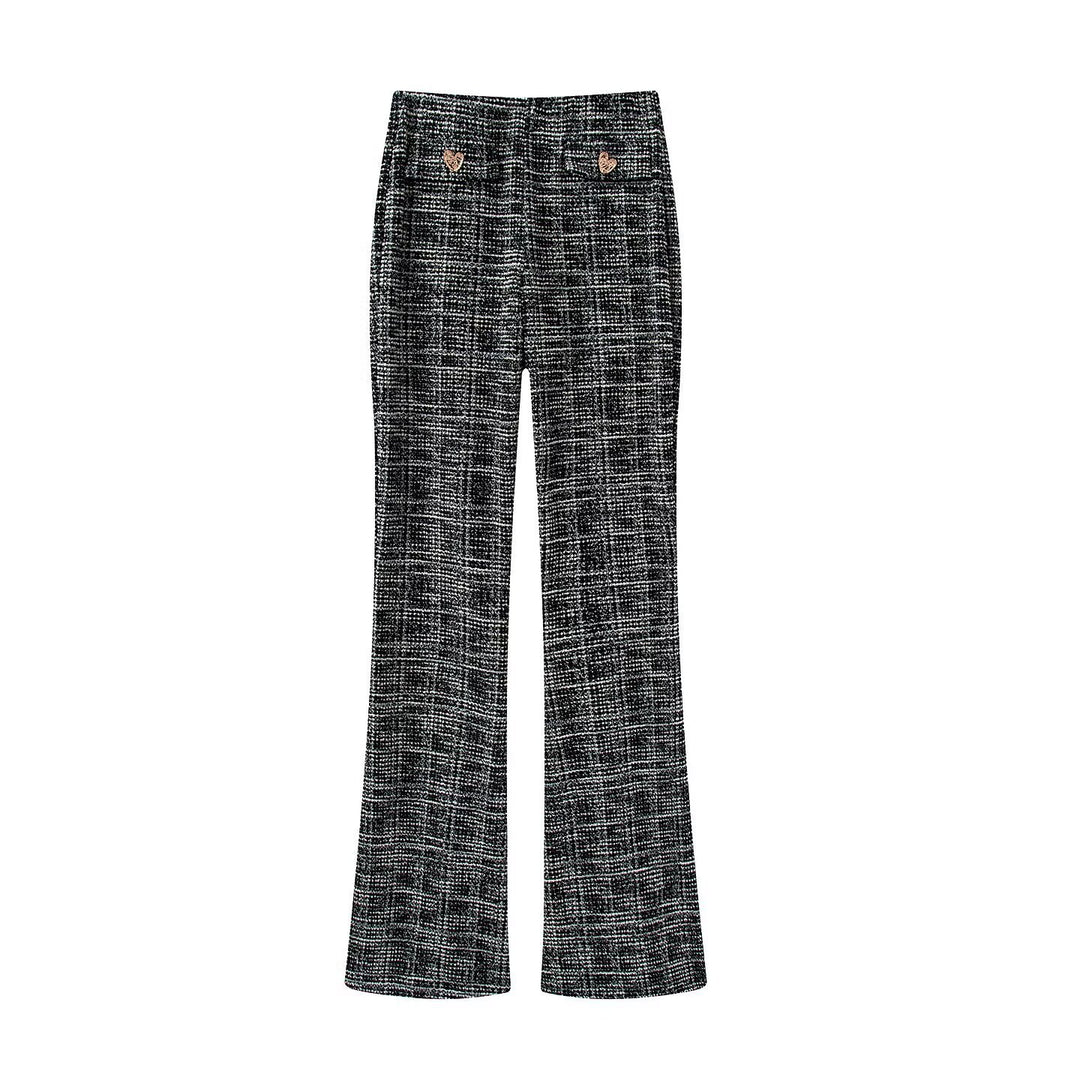 Damen elegante Karohose mit schmalem Schnitt und dekorativen Knöpfen Echo Archiv