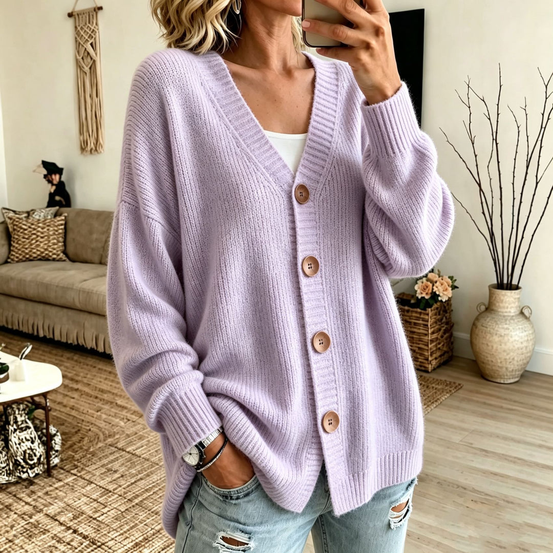 Damen Lockerer Longline-Cardigan mit tiefem V-Ausschnitt und Holzknöpfen – Veloura