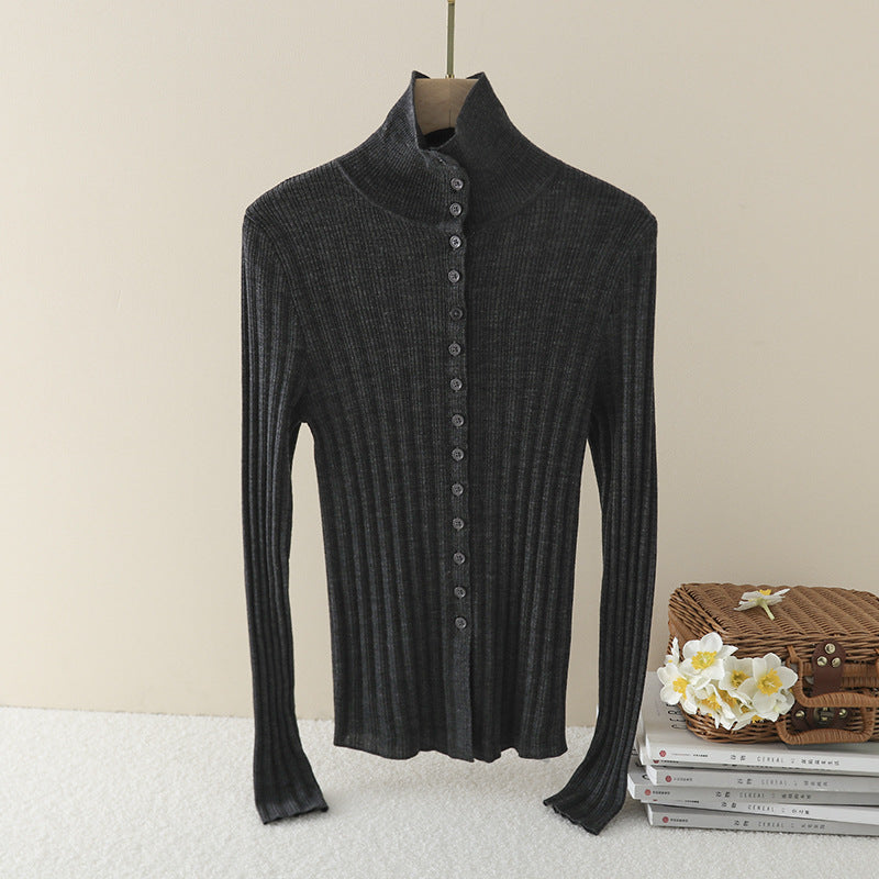 Damen Schmaler Rippen-Longsleeve-Cardigan mit verdeckter Knopfleiste und Stehkragen Echo Archiv