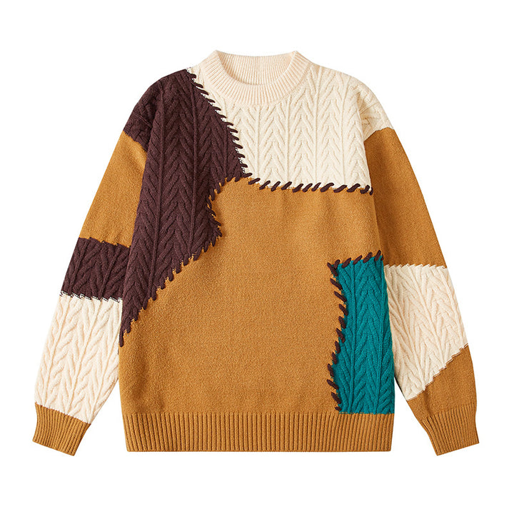 Herren nan strukturierter Patchwork-Strickpullover mit Zopfmuster und Rundhals Echo Archiv