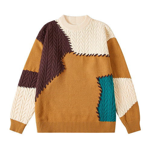 Herren nan strukturierter Patchwork-Strickpullover mit Zopfmuster und Rundhals Echo Archiv