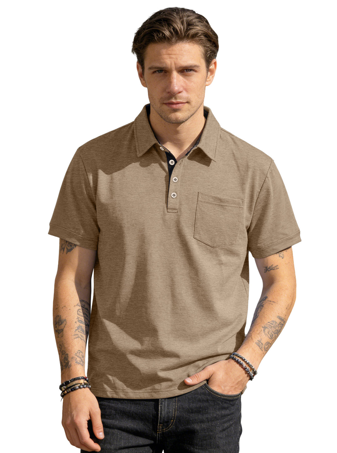 Herren nan Kurzarm-Polokragen-Shirt aus texturiertem Jersey mit Brusttasche und kontrastierter Knopfleiste Echo Archiv