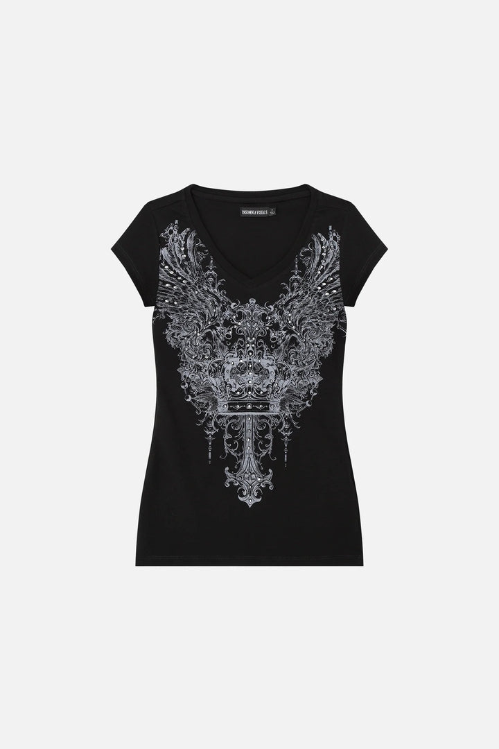 Damen V-Ausschnitt T-Shirt mit extravaganten Grafiken Echo Archiv
